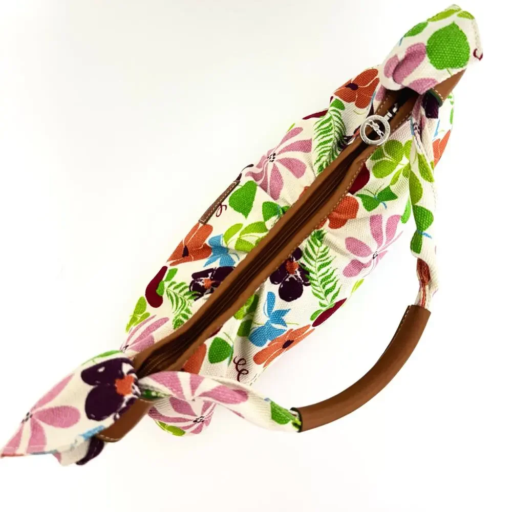 Longchamp Floral Canvas Leather Trim Shoulder Bag Baguette Made in France